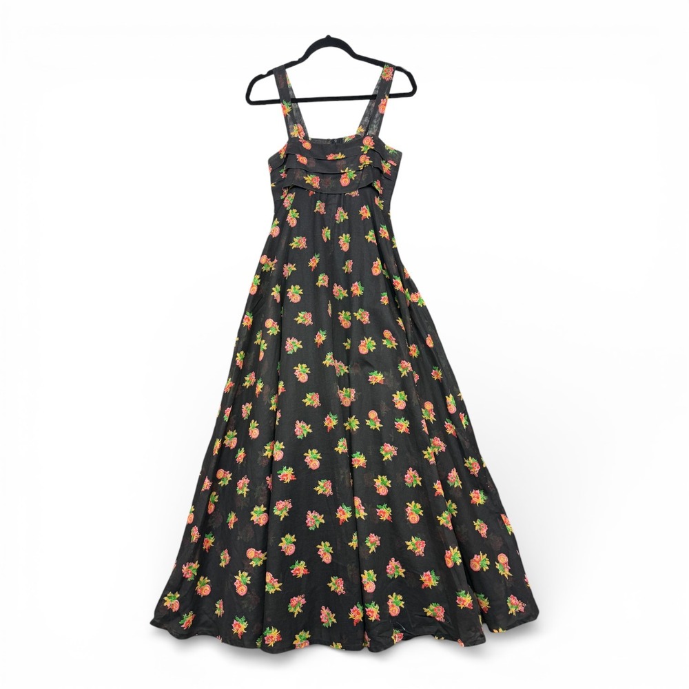 Vintage 70s Things by Judys Maxi Dress Womens XS Black Floral Boho Hippie Cotton
